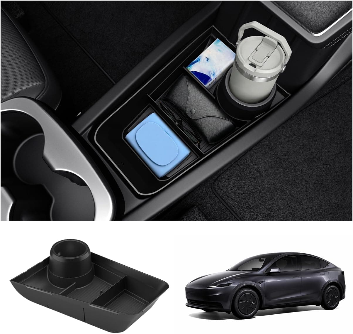 Spigen lower center storage organizer with cup holders in a Model Y Standard console