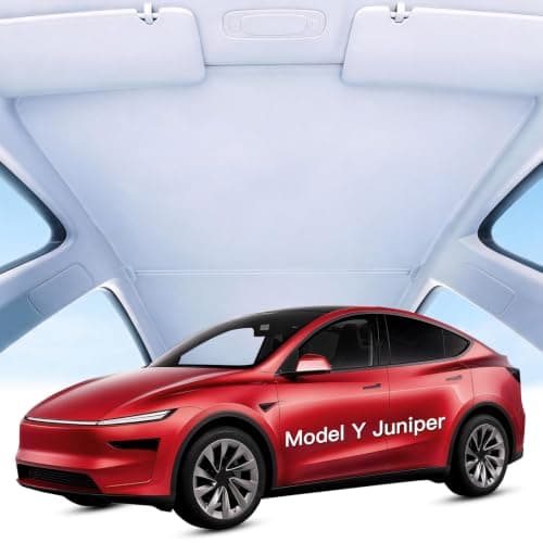 PARTSWAY gray roof sunshade shown installed in a Tesla Model Y Juniper