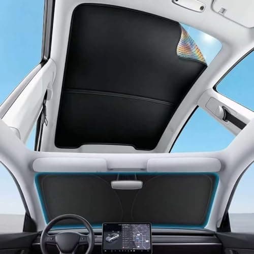 SUPER LINER three-piece roof sunshade shown installed across a Tesla Model Y glass roof
