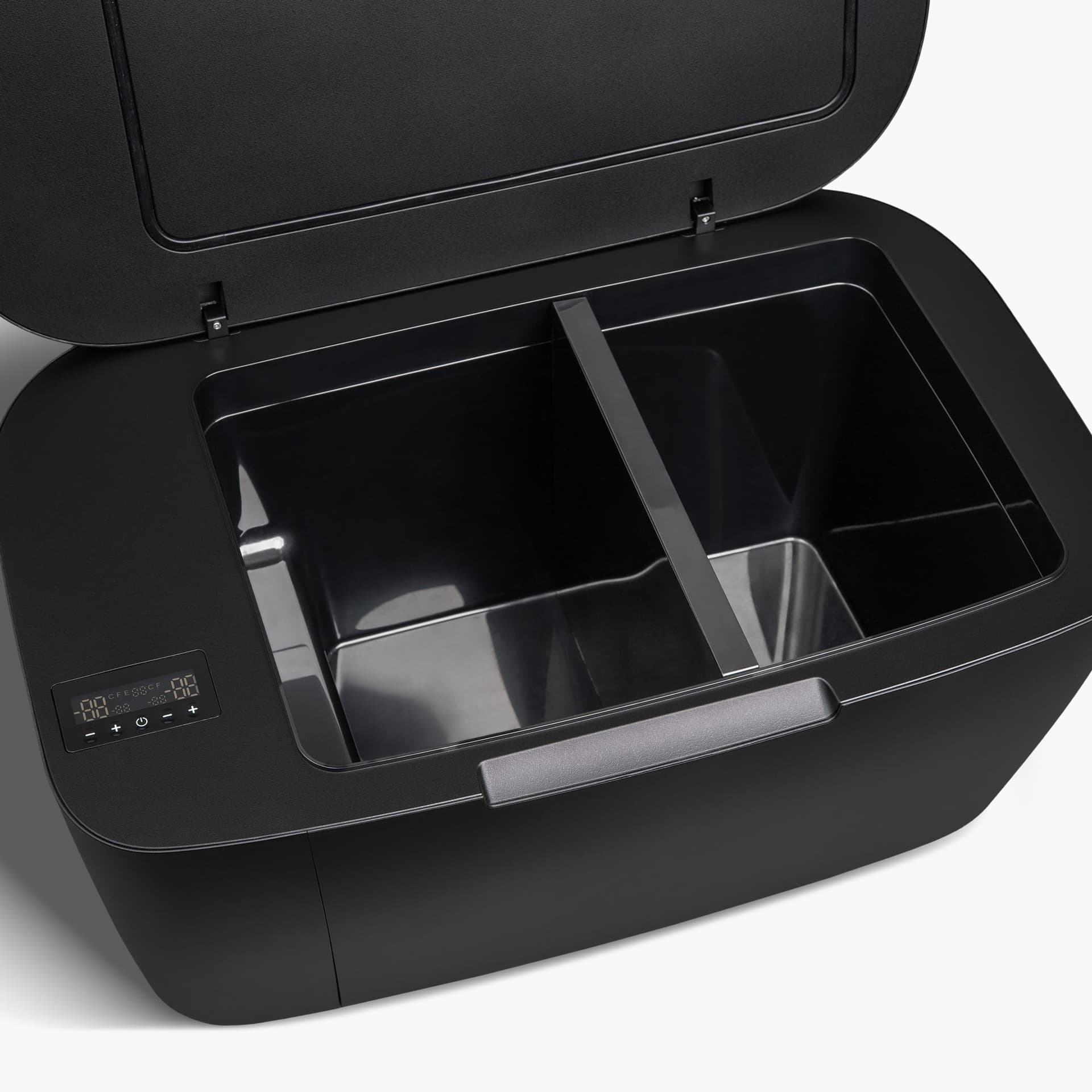 Official Tesla Shop image showing the Model Y Dual Zone Fridge with both compartments open
