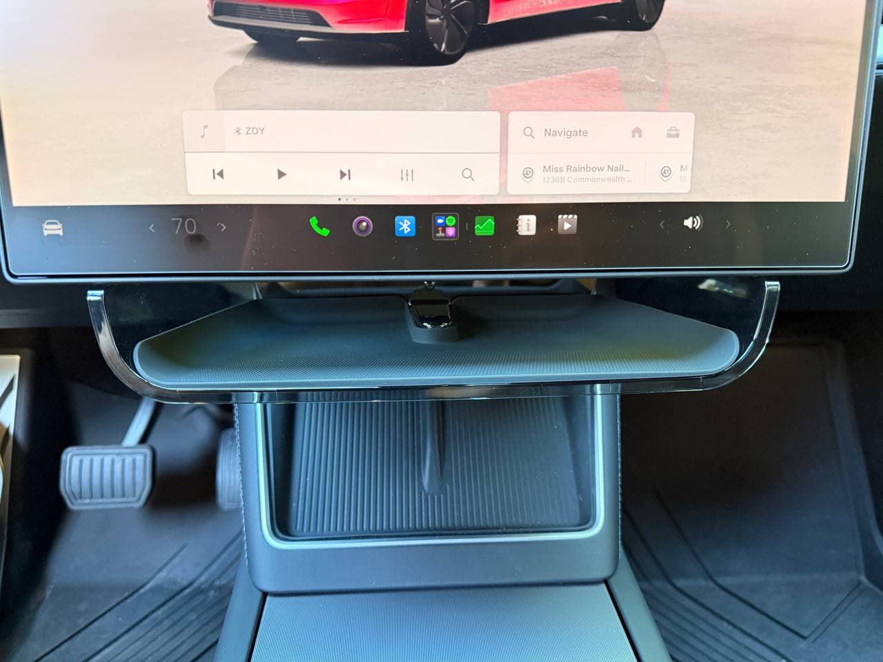 EVBASE fixed magnetic under-screen storage box installed behind Tesla Model Y screen