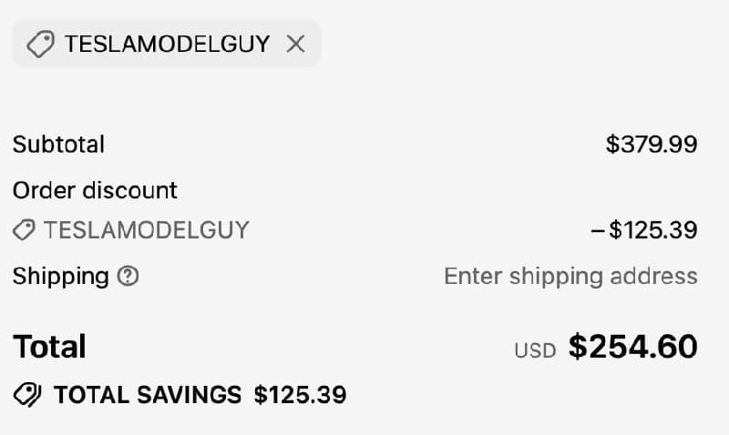 3W checkout showing code TESLAMODELGUY applied for 33% off and $125.39 saved