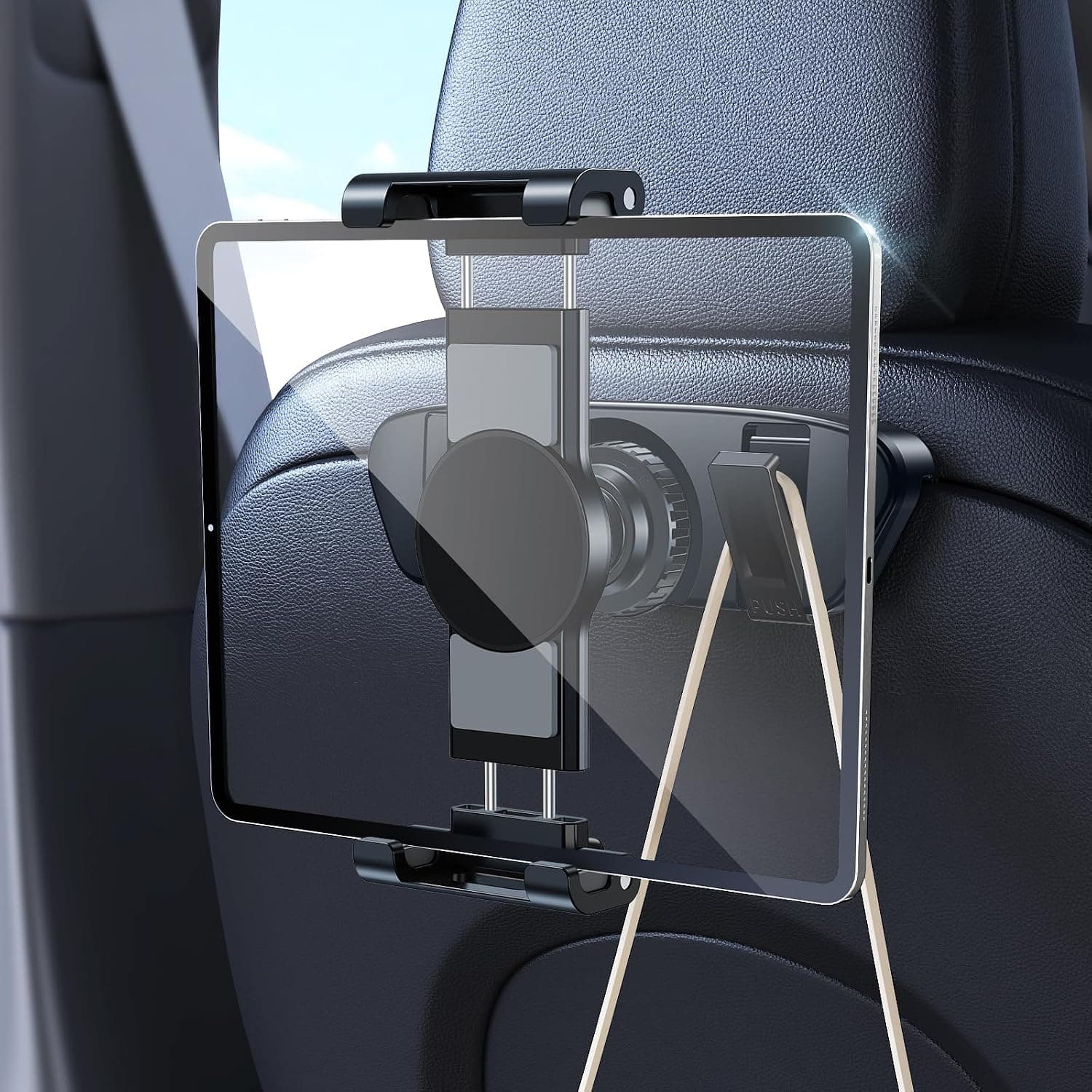 DICMKY magnetic tablet mount with hooks on the back of a Tesla Model Y seat