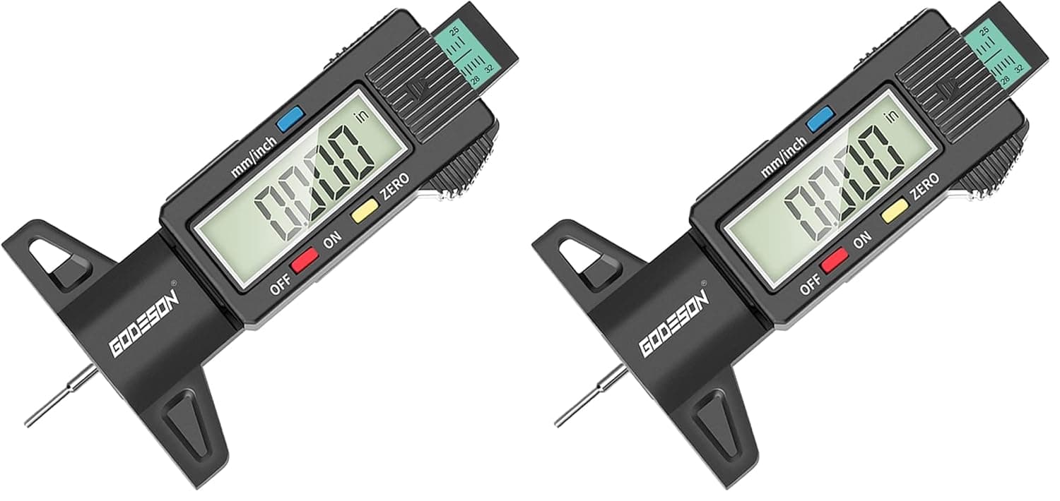 Tread-depth gauge for checking outer, center, and inner Tesla tire grooves