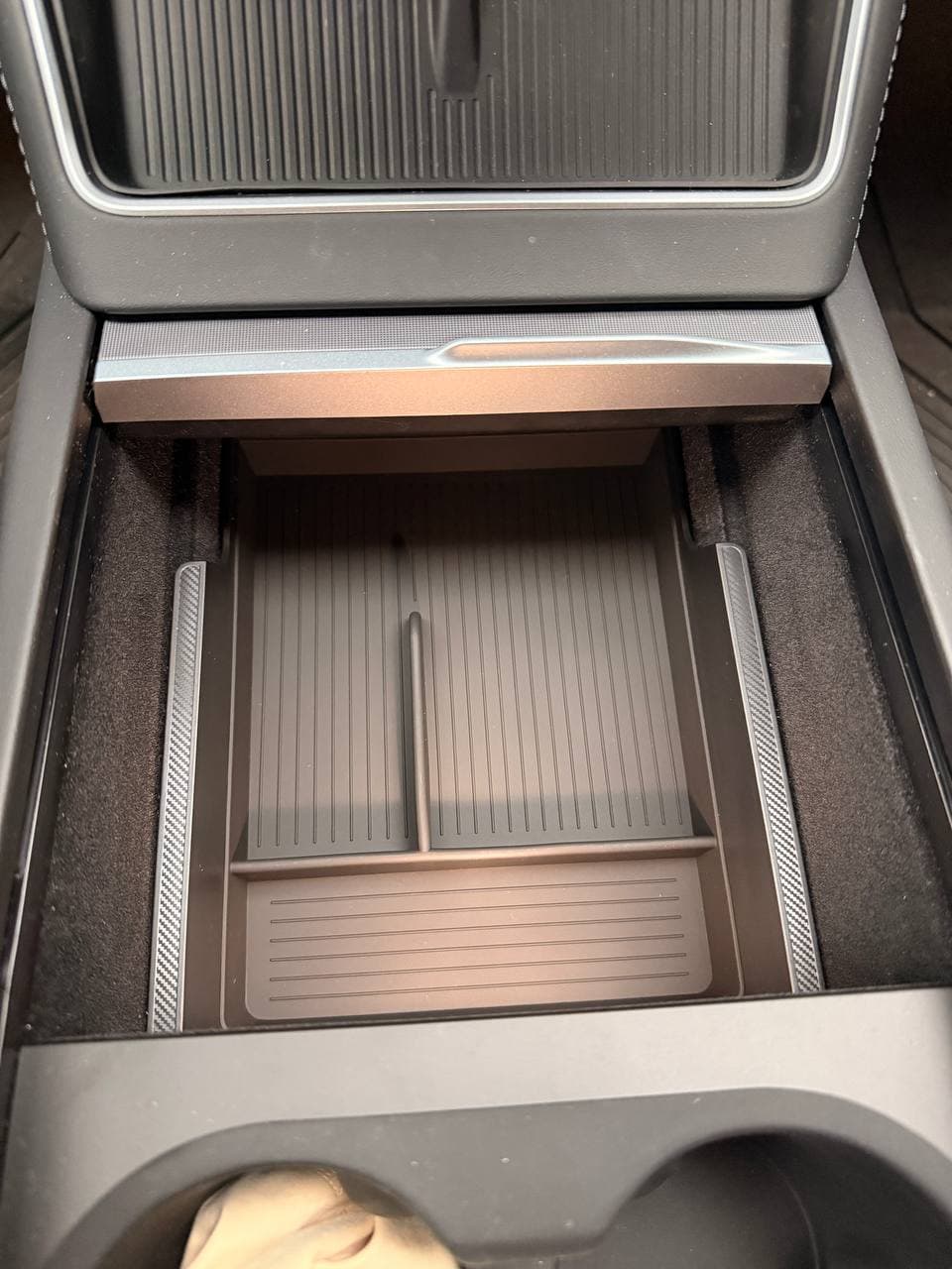 JVMA center-console organizer tray installed empty in a Tesla Model Y Juniper